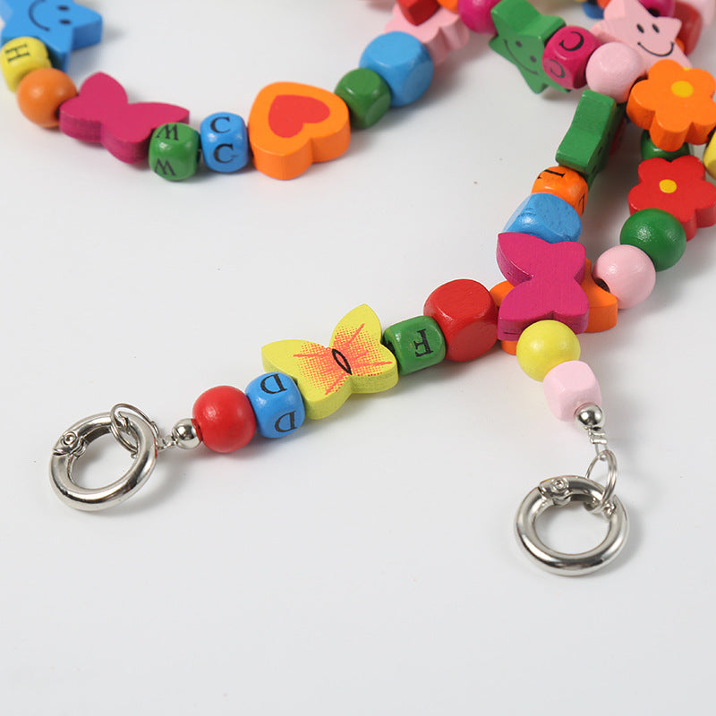 Wooden Bead Crossbody Chain DIY Phone Case Chain Crossbody Beaded Heart Plum Blossom Butterfly Smiley Face DIY Creative
