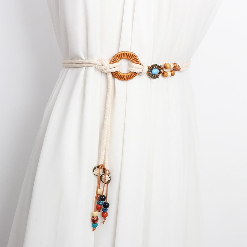 Cotton Rope Belt Women's High-end Retro Accessories Decorative Dress Ethnic Waist Rope Beige Fashion All-match Jeans