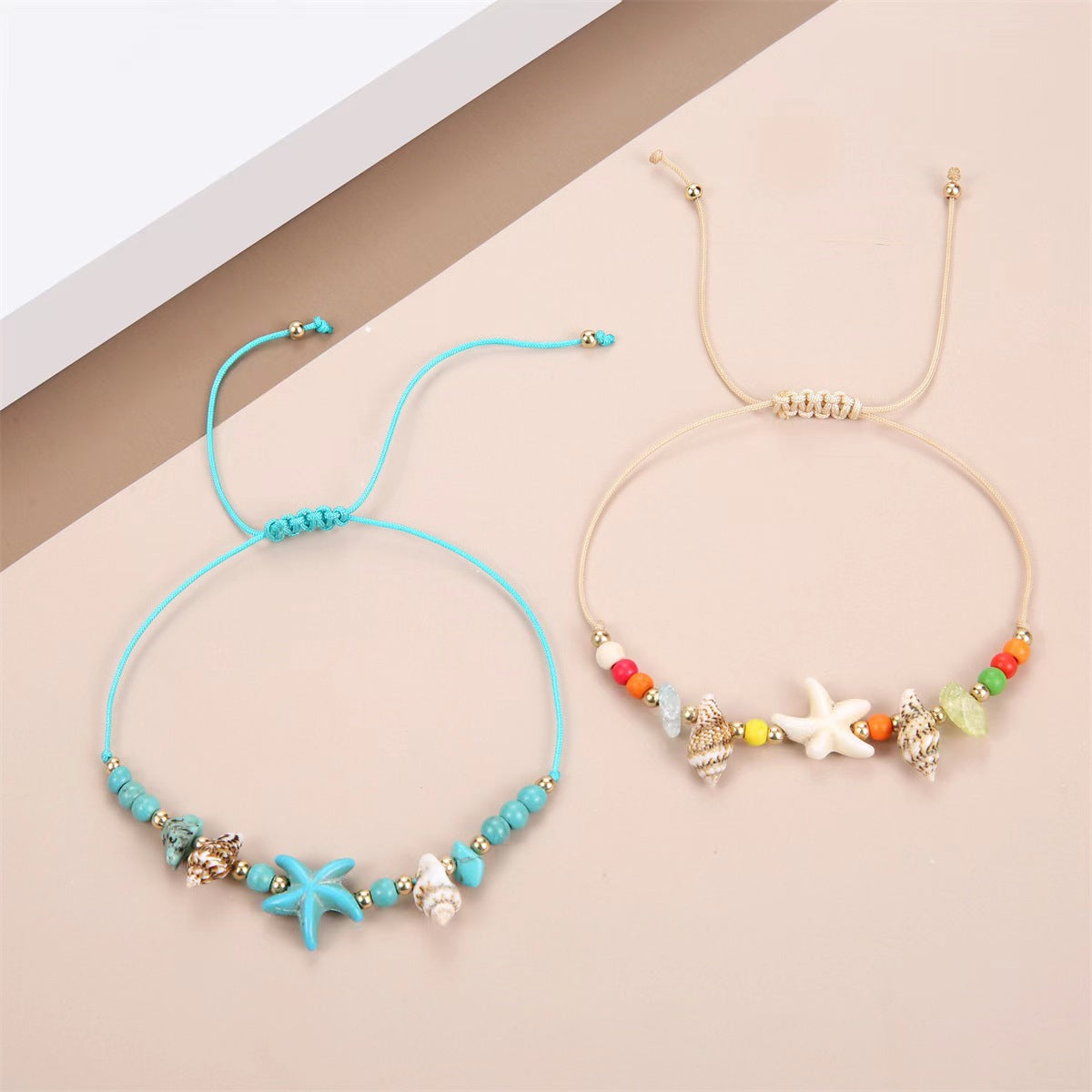 Amazon Hot Sale Irregular Gravel Starfish Conch Woven Bracelet Summer Beach Ocean Wind Adjustable Bracelet