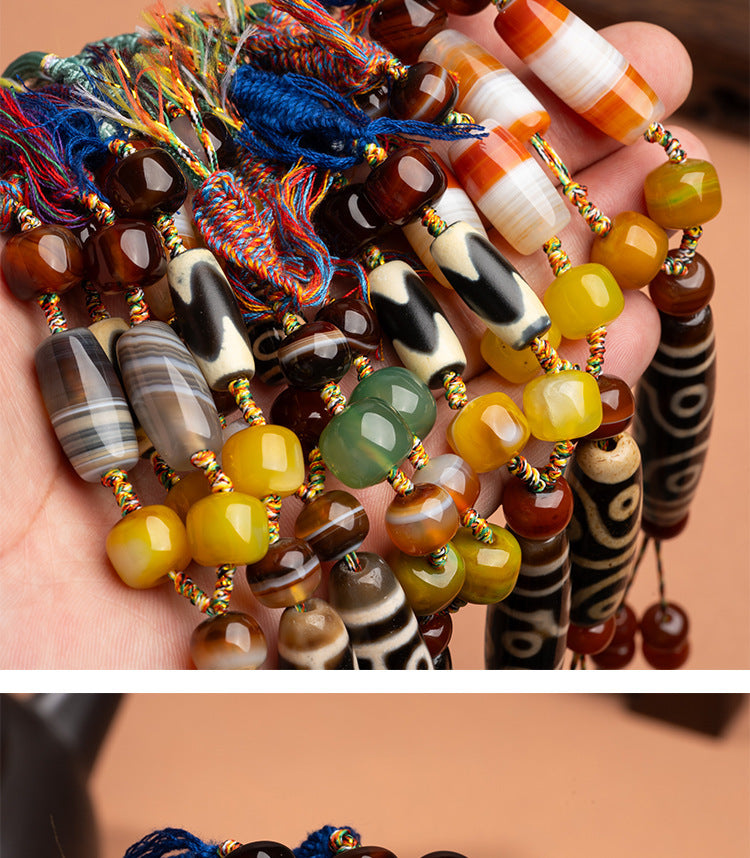 Natural Yellow Nine-Eyed Dzi Bead Necklace, Taiwanese Agate Pendant, Men's and Women's Couple's Braided Necklace, Ready for Sale