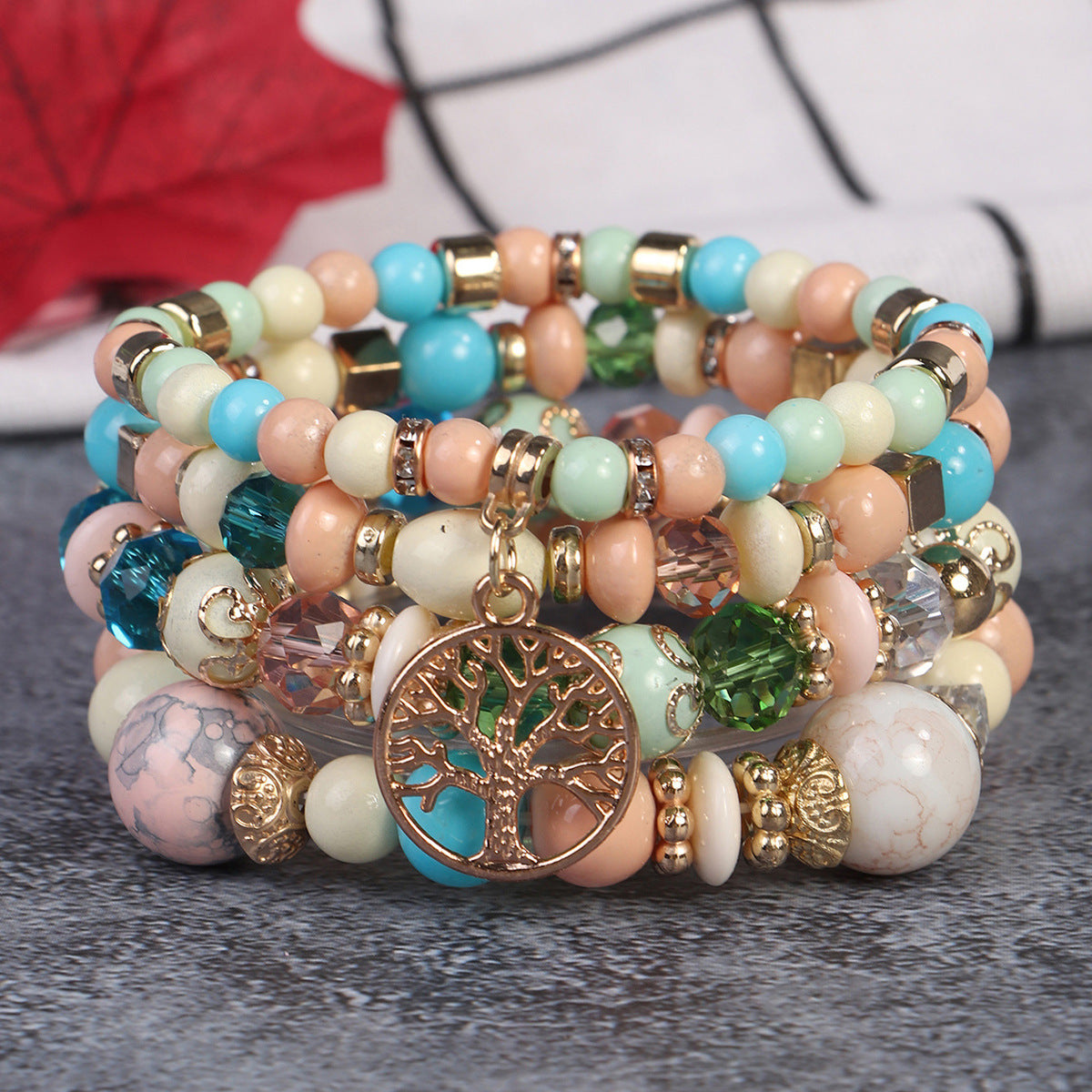 Cross-Border Popular 4-Piece Set of Bohemian Retro Style Multi-Layer Beaded Bracelets with Tree of Life Pendant Wholesale