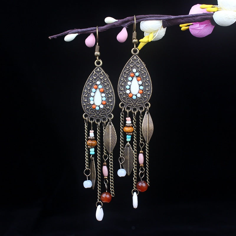 Bohemian Turquoise Earrings European and American Retro Owl Geometric Dreamcatcher Feather Tassel Earrings Women