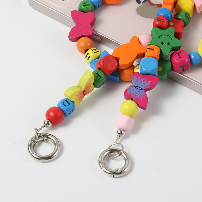 Wooden Bead Crossbody Chain DIY Phone Case Chain Crossbody Beaded Heart Plum Blossom Butterfly Smiley Face DIY Creative