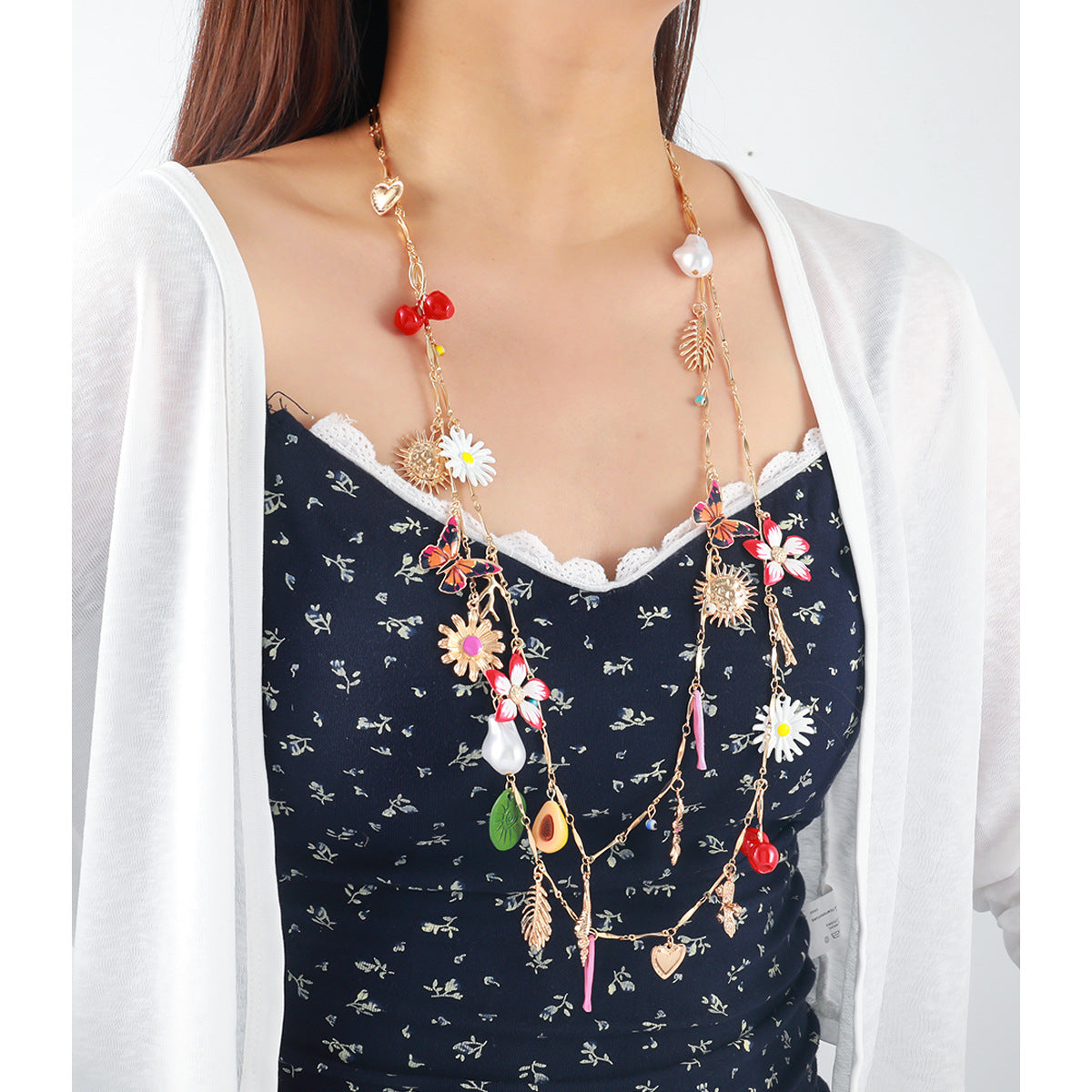 Za European and American Exaggerated Fish Leaf Heart Flower Butterfly Cherry Pendant Necklace Autumn Sweater Chain Women's Cross-Border Supply