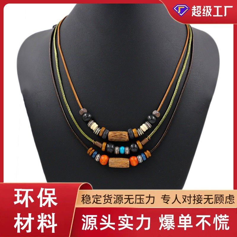 Vintage Bohemian Necklace Ethnic Style Multi-Layer Wooden Beads Long Necklace Beaded Woven Collar All-Match High-Level Sense