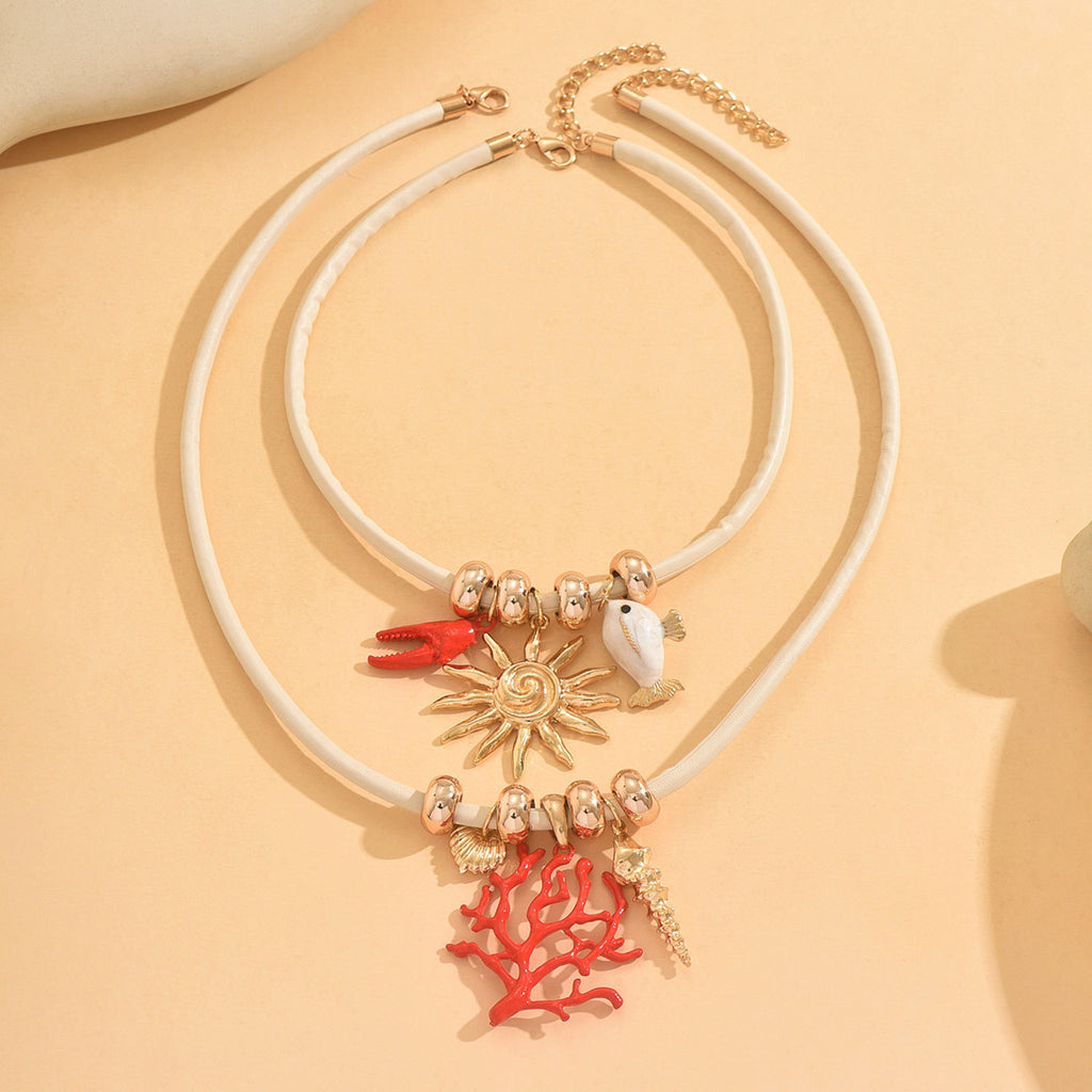 Ocean Coral Tower Snail Crab Claw Heart Oil Drop Necklace Two-Piece Set European and American Cross-Border Clavicle Chain High-End Jewelry