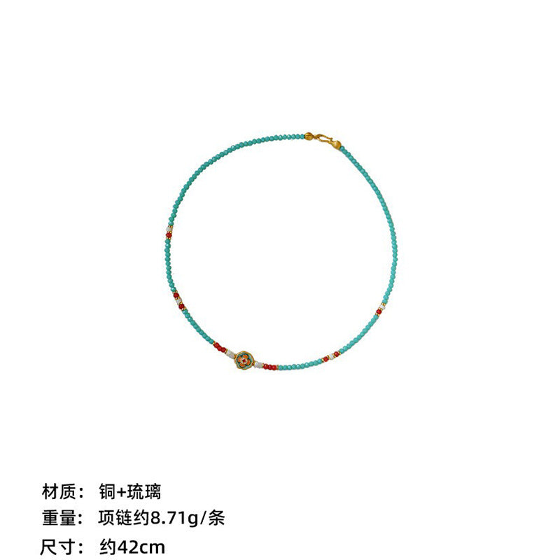 New Chinese Color Oil Dropping Enamel Natural Stone Beaded Necklace Entry Luxury High Fashion Exquisite All-match Clavicle Chain for Women