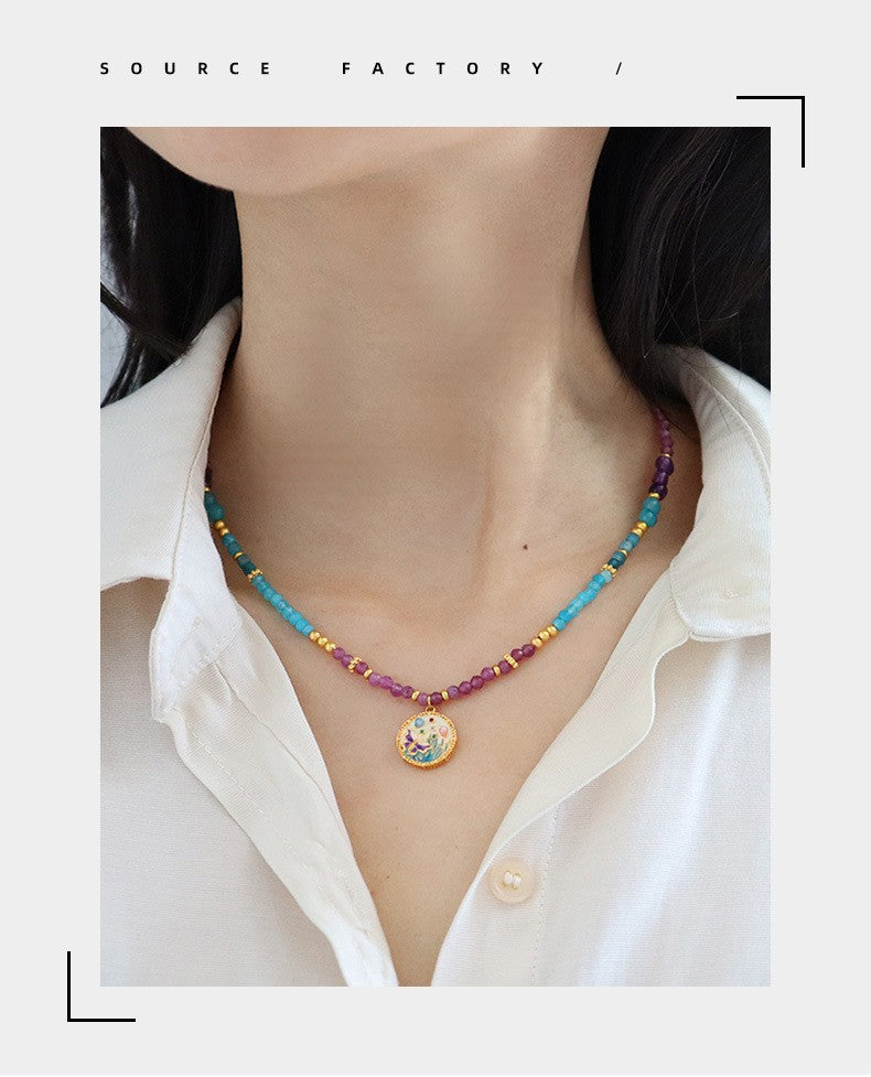 New Chinese Color Oil Dropping Enamel Natural Stone Beaded Necklace Entry Luxury High Fashion Exquisite All-match Clavicle Chain for Women