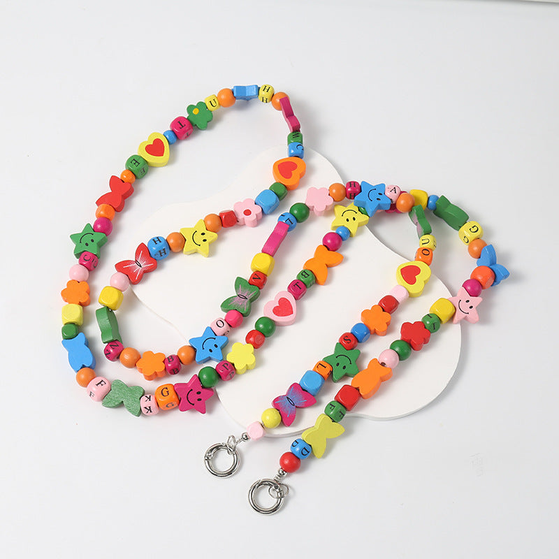 Wooden Bead Crossbody Chain DIY Phone Case Chain Crossbody Beaded Heart Plum Blossom Butterfly Smiley Face DIY Creative