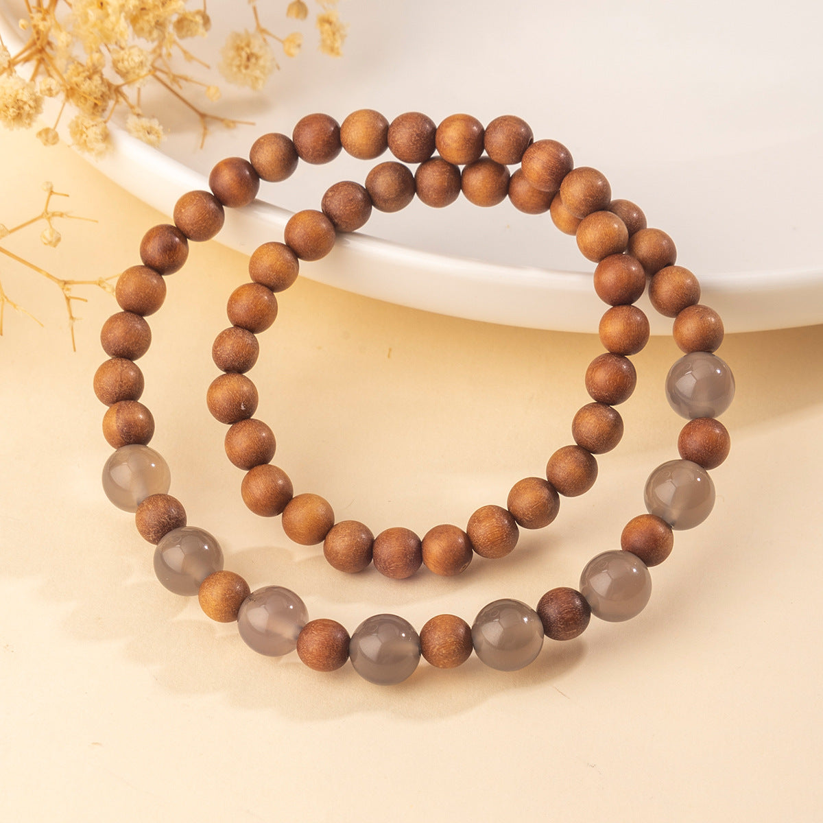 New Chinese Style Natural Gray Agate Sandalwood Bracelet for Girls, Multi-Circle Beaded High-End Wholesale Bracelets for Stalls