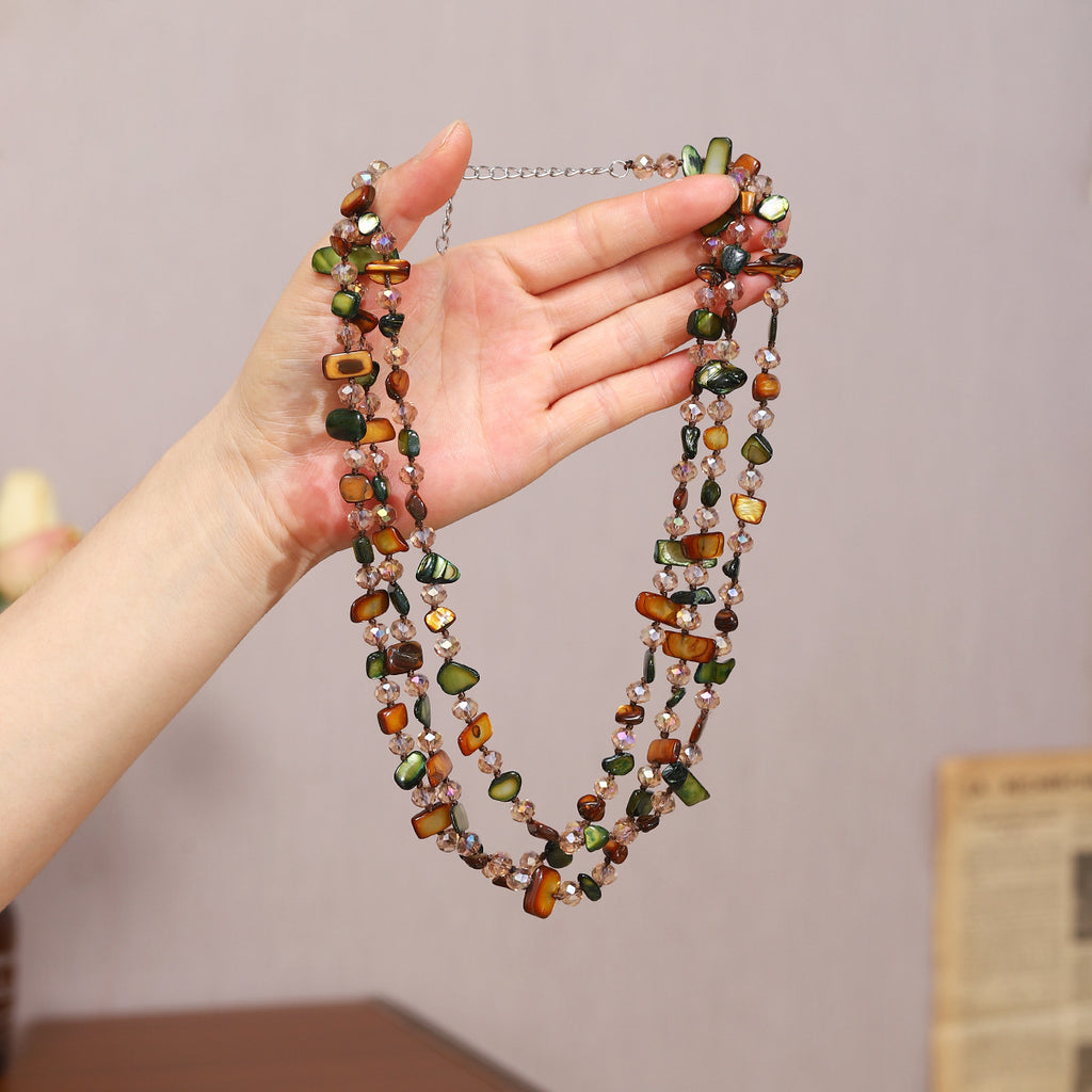 Forest Green Shell Multi-Layered Beaded Necklace for Women Bohemian Small Fresh White Beaded Clavicle Chain