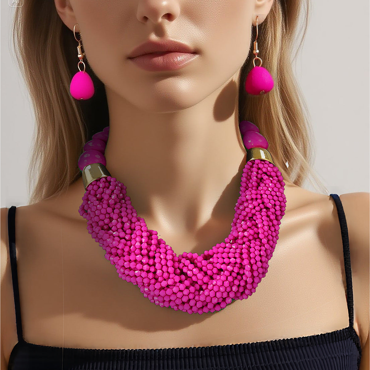 Cross-Border Woven Three-Piece Set of Beaded Rice Beads Multi-Layer Exaggerated Retro Ethnic Style Bohemian Necklace Set for Women