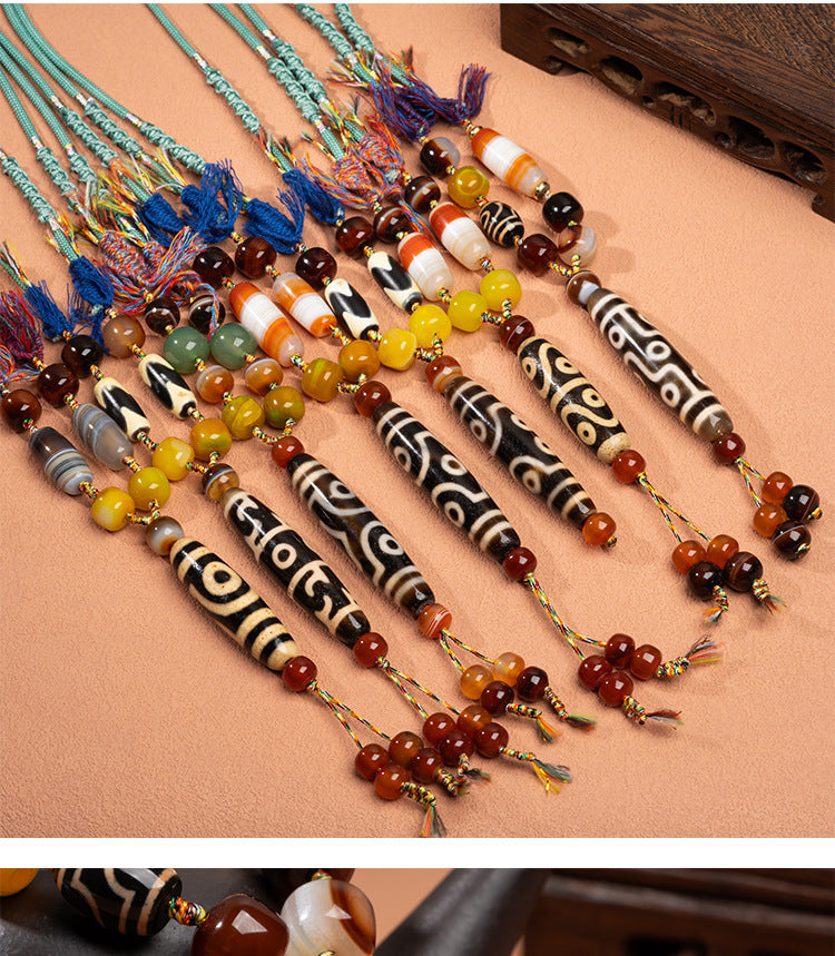 Natural Yellow Nine-Eyed Dzi Bead Necklace, Taiwanese Agate Pendant, Men's and Women's Couple's Braided Necklace, Ready for Sale
