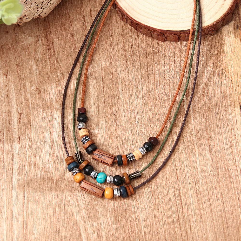 Vintage Bohemian Necklace Ethnic Style Multi-Layer Wooden Beads Long Necklace Beaded Woven Collar All-Match High-Level Sense