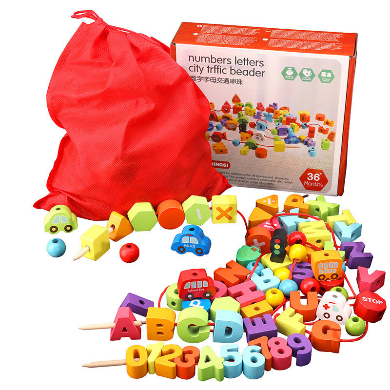 Children's wooden geometric shape colorful beaded kindergarten baby DIY early education puzzle letters and numbers string beaded