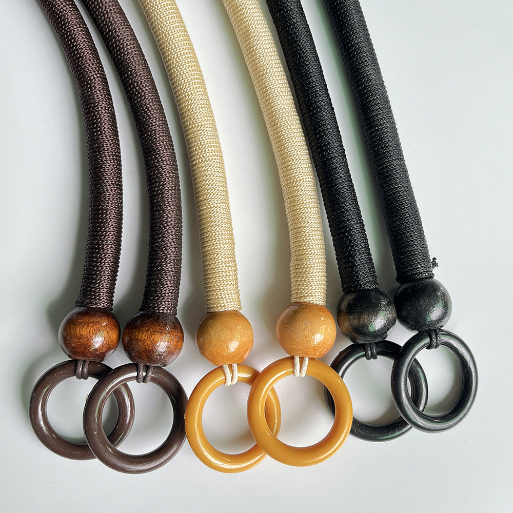 33/37/47 Wooden Bead Handle Rattan Woven Basket Carrying Ring Vintage Beaded Accessories Nylon Rope Handle