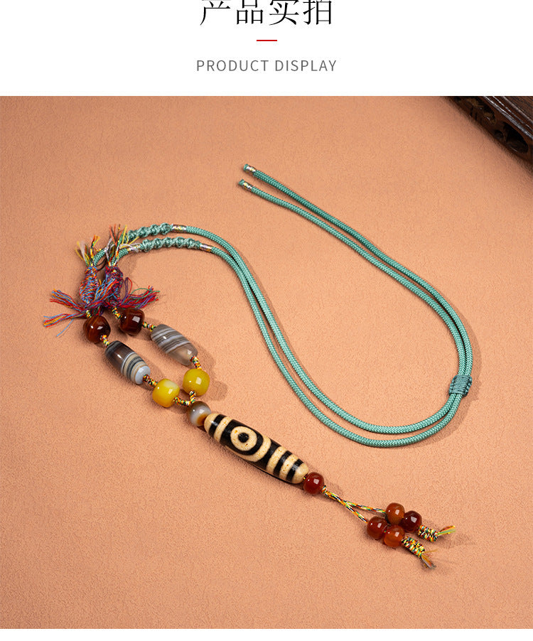 Natural Yellow Nine-Eyed Dzi Bead Necklace, Taiwanese Agate Pendant, Men's and Women's Couple's Braided Necklace, Ready for Sale