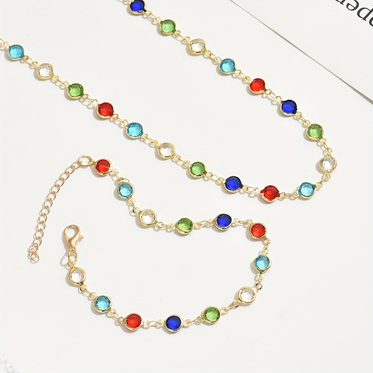 Cross-border Hot-selling Fashion Color Rhinestone Necklace Bracelet Two-piece Light Luxury Niche High-grade Color Zircon Clavicle Chain