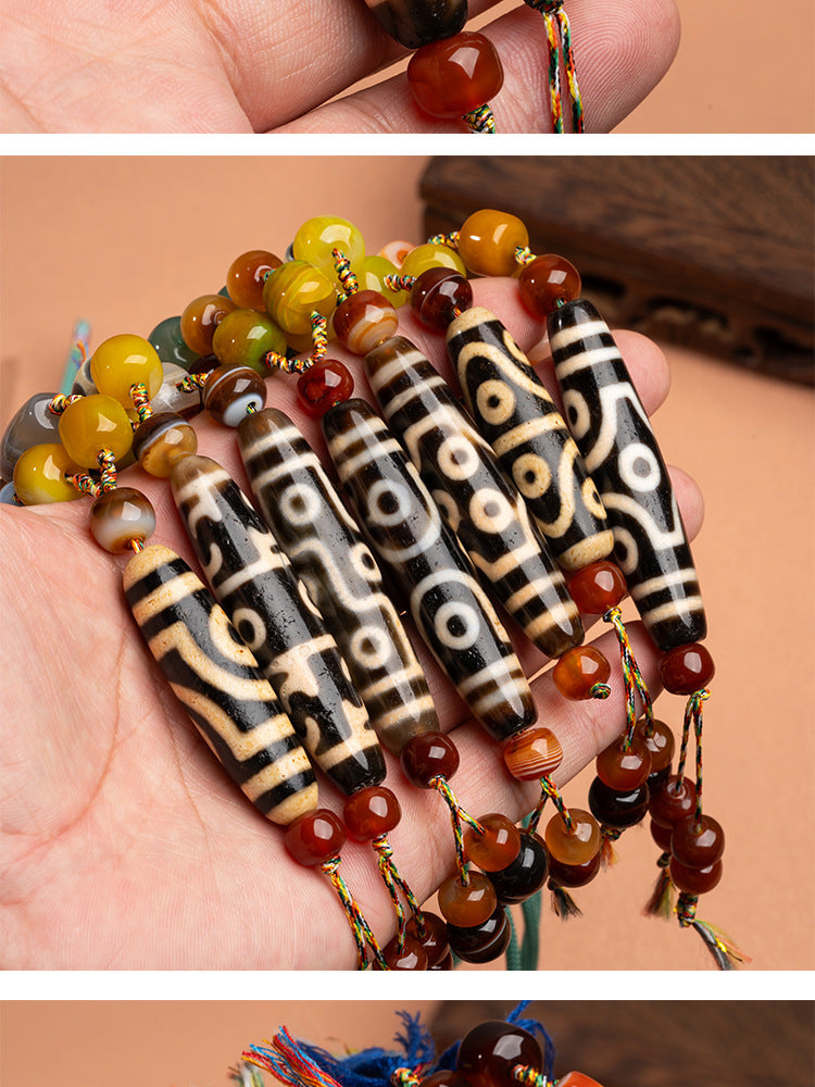 Natural Yellow Nine-Eyed Dzi Bead Necklace, Taiwanese Agate Pendant, Men's and Women's Couple's Braided Necklace, Ready for Sale