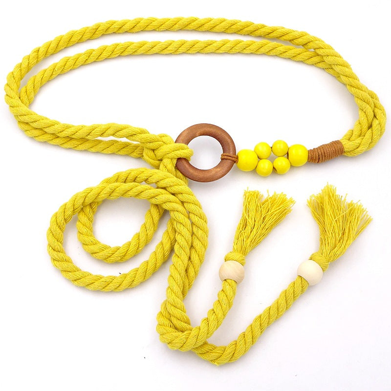 Ethnic Style Retro Belt Accessories High-End Yellow Women's Decoration with Skirt Knotted Braided Hemp Rope Waist Rope Tie