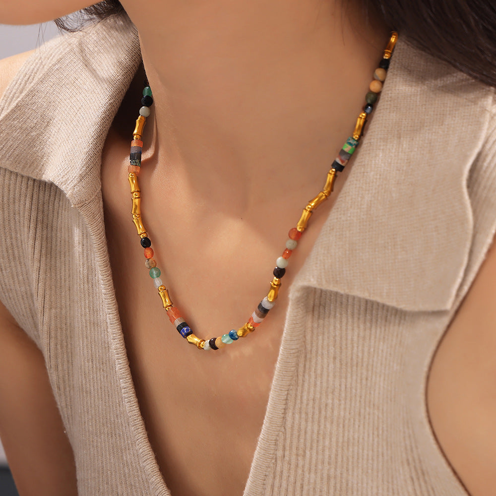 Bohemian Dopamine Color Natural Stone Beaded Necklace Cross-border Simple All-match Stainless Steel Collarbone Necklace