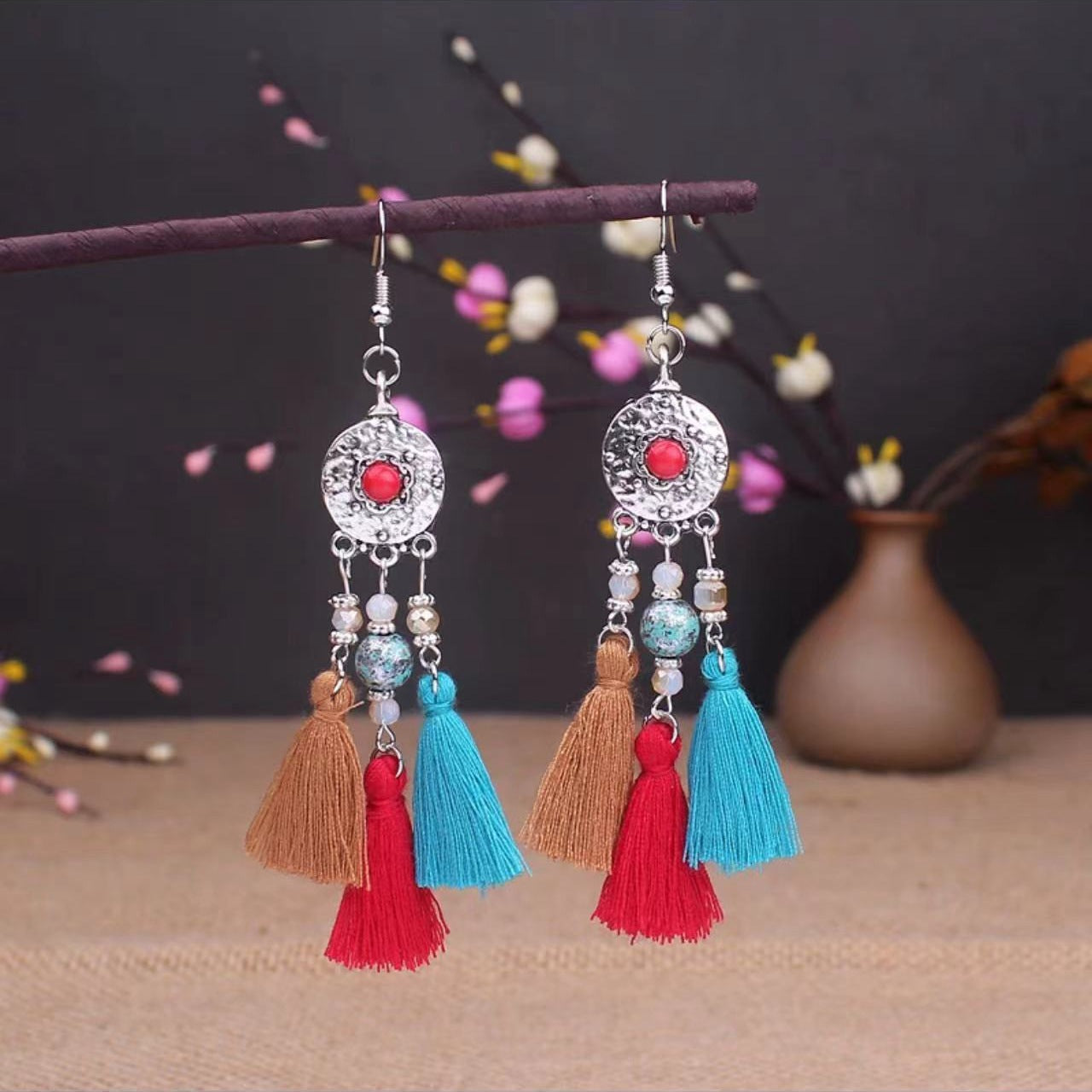 Bohemian Turquoise Earrings European and American Retro Owl Geometric Dreamcatcher Feather Tassel Earrings Women
