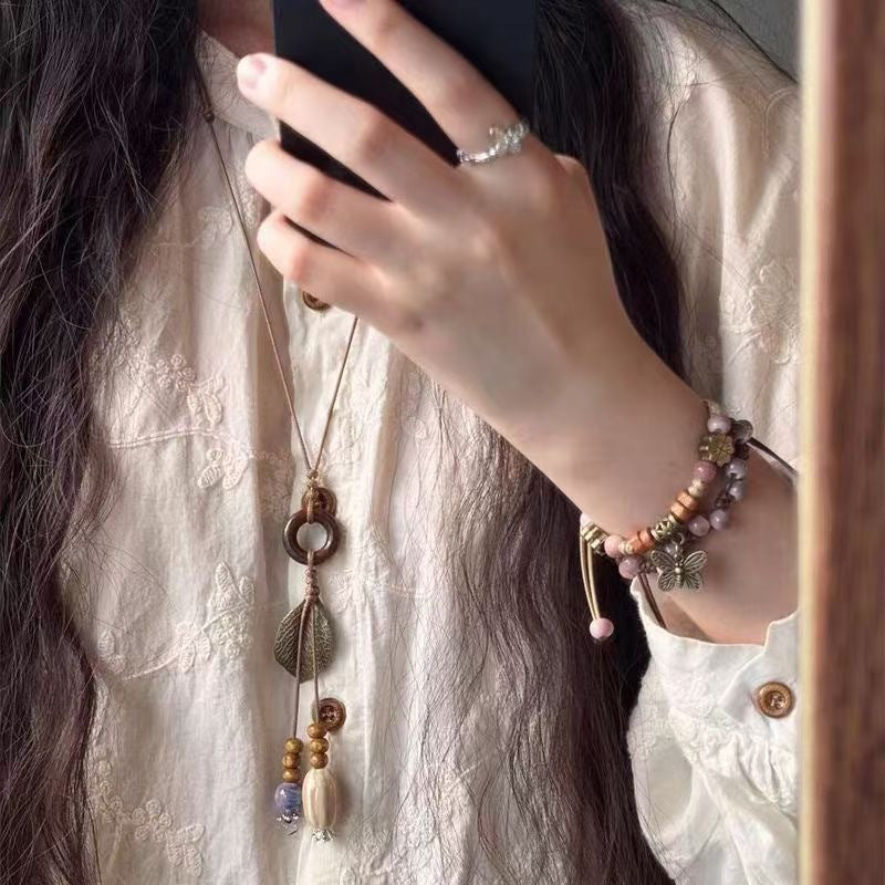 New Chinese Style Retro Ceramic Pendant Long Leaf Tassel Necklace Niche High-End Bohemian Style Clavicle Chain