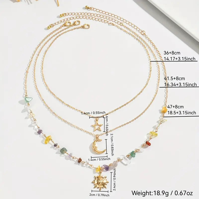 European and American Cross-Border Colorful Asymmetrical Gravel Beaded Necklace for Women, Sweet and Cool Moon and Sun Stacked Neck Necklace Jewelry