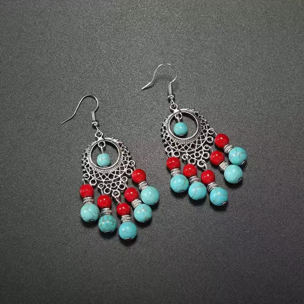Bohemian Turquoise Earrings European and American Retro Owl Geometric Dreamcatcher Feather Tassel Earrings Women