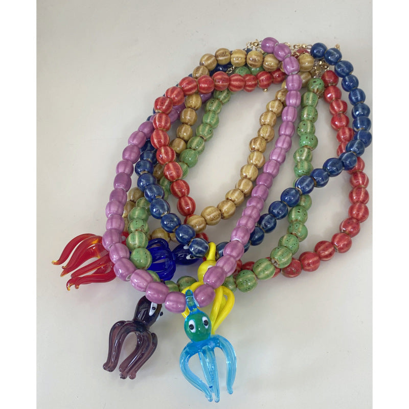 Glass Octopus Pendant Necklace European and American Niche Design Stylish Island Resort Style Fashion Ceramic Beaded Clavicle Chain