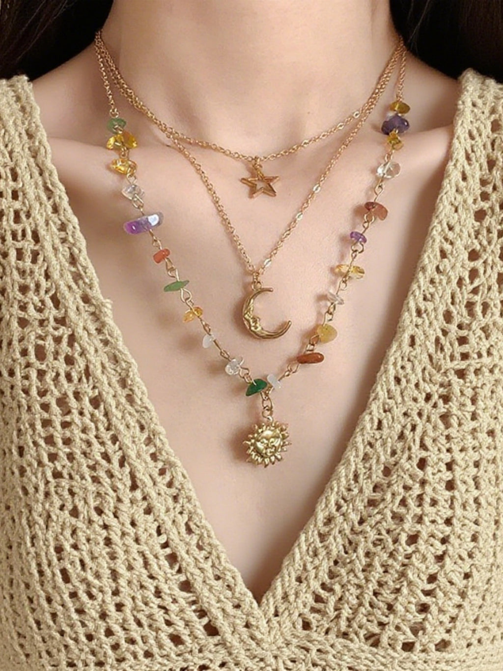 European and American Cross-Border Colorful Asymmetrical Gravel Beaded Necklace for Women, Sweet and Cool Moon and Sun Stacked Neck Necklace Jewelry