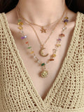 European and American Cross-Border Colorful Asymmetrical Gravel Beaded Necklace for Women, Sweet and Cool Moon and Sun Stacked Neck Necklace Jewelry