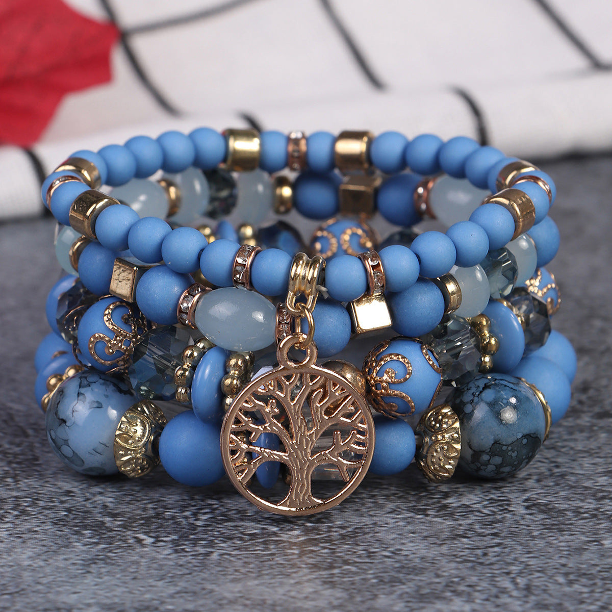 Cross-Border Popular 4-Piece Set of Bohemian Retro Style Multi-Layer Beaded Bracelets with Tree of Life Pendant Wholesale