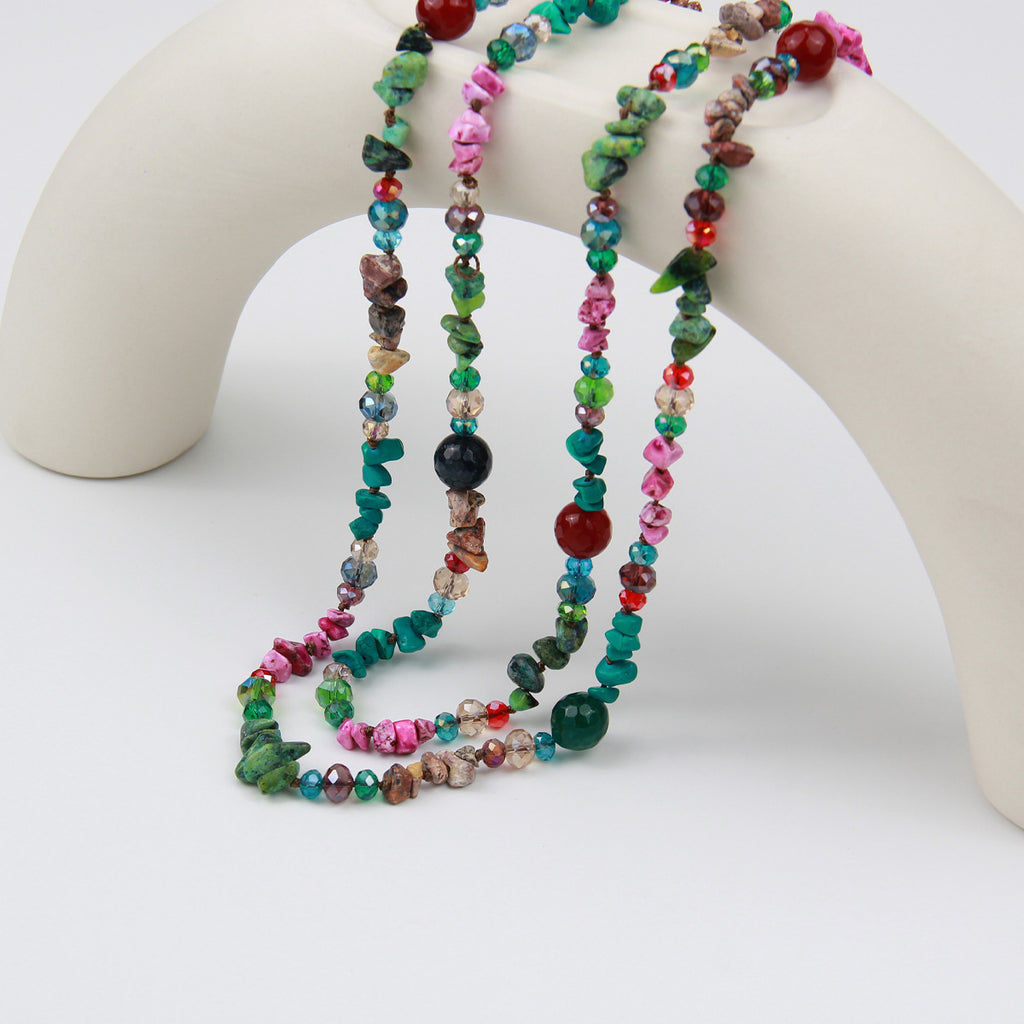 Amazon Cross-border European and American Ethnic Style Color Agate Crystal Beaded Long Necklace Women's Double-layer Woolen Chain Jewelry