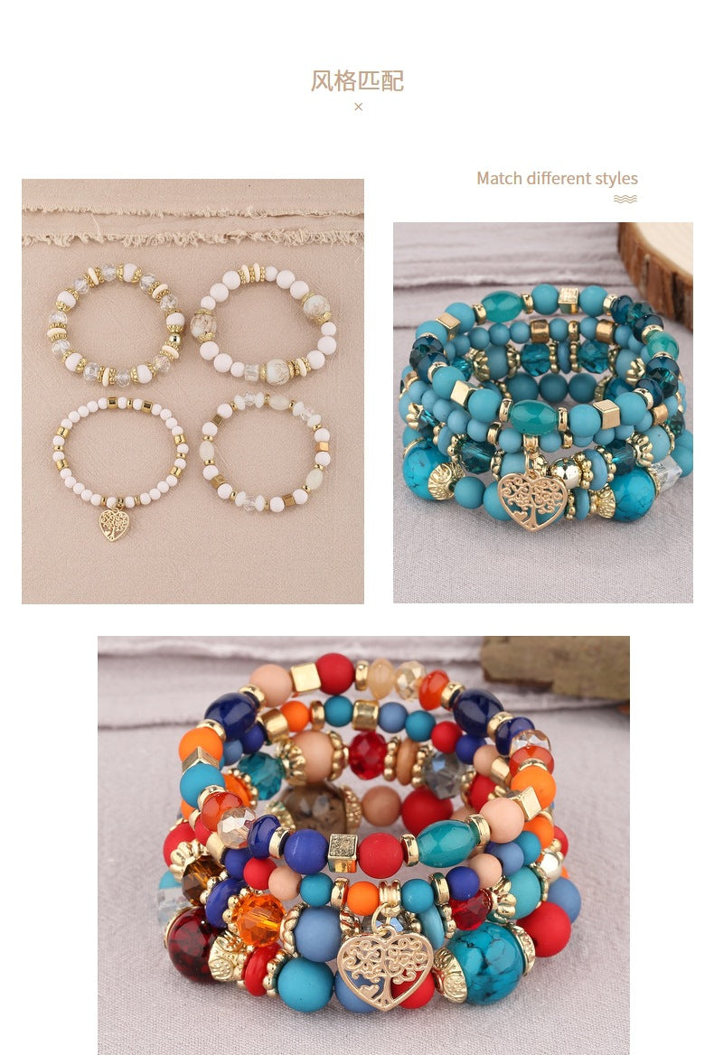 European and American Hot Sale Bohemian Style Multi-layer Hollow Love Pendant Tassel Bracelet suit Glass Beads Multi-layer Jewelry