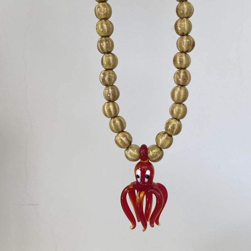 Glass Octopus Pendant Necklace European and American Niche Design Stylish Island Resort Style Fashion Ceramic Beaded Clavicle Chain