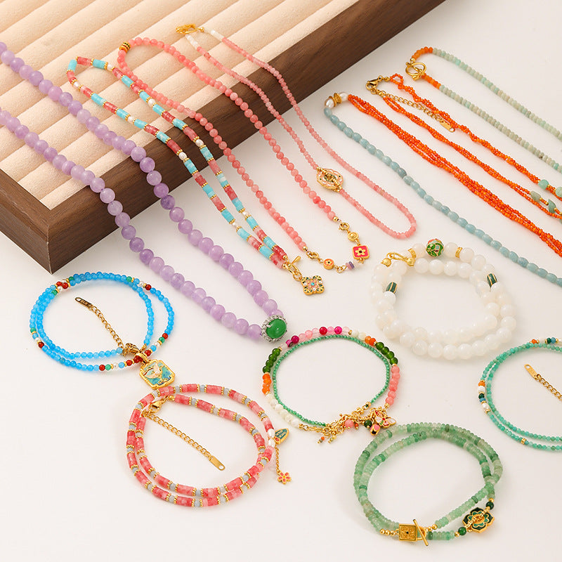 New Chinese Color Oil Dropping Enamel Natural Stone Beaded Necklace Entry Luxury High Fashion Exquisite All-match Clavicle Chain for Women
