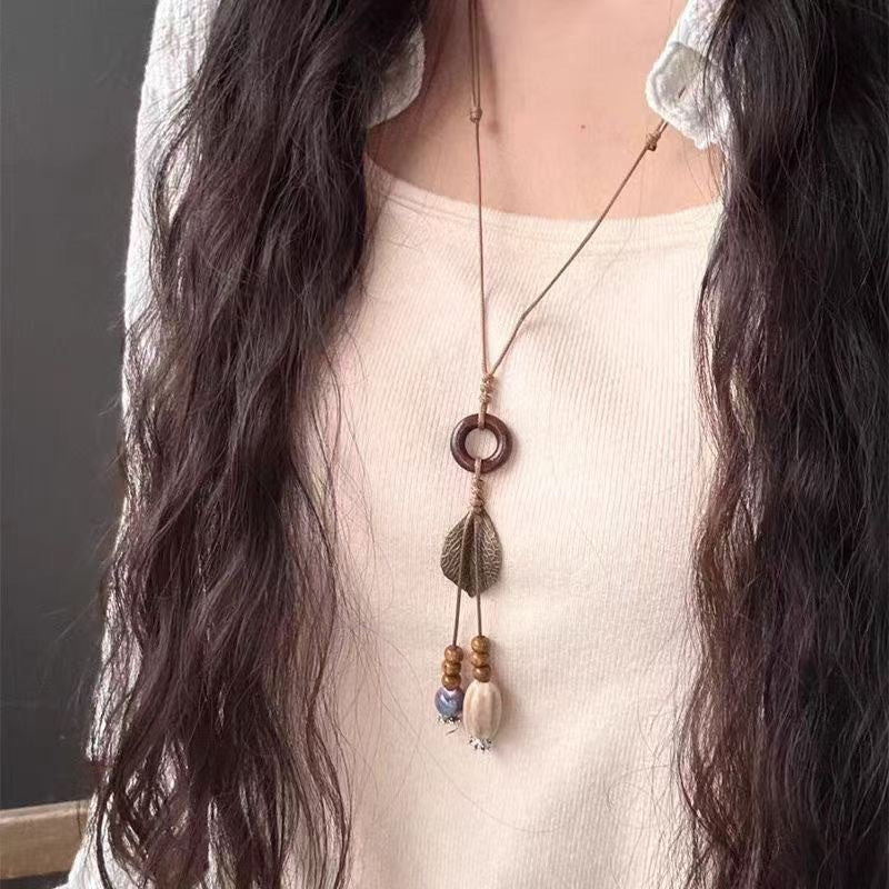 Collana Lunga Ceramica Foglia Nappa Stile Cinese - Donna