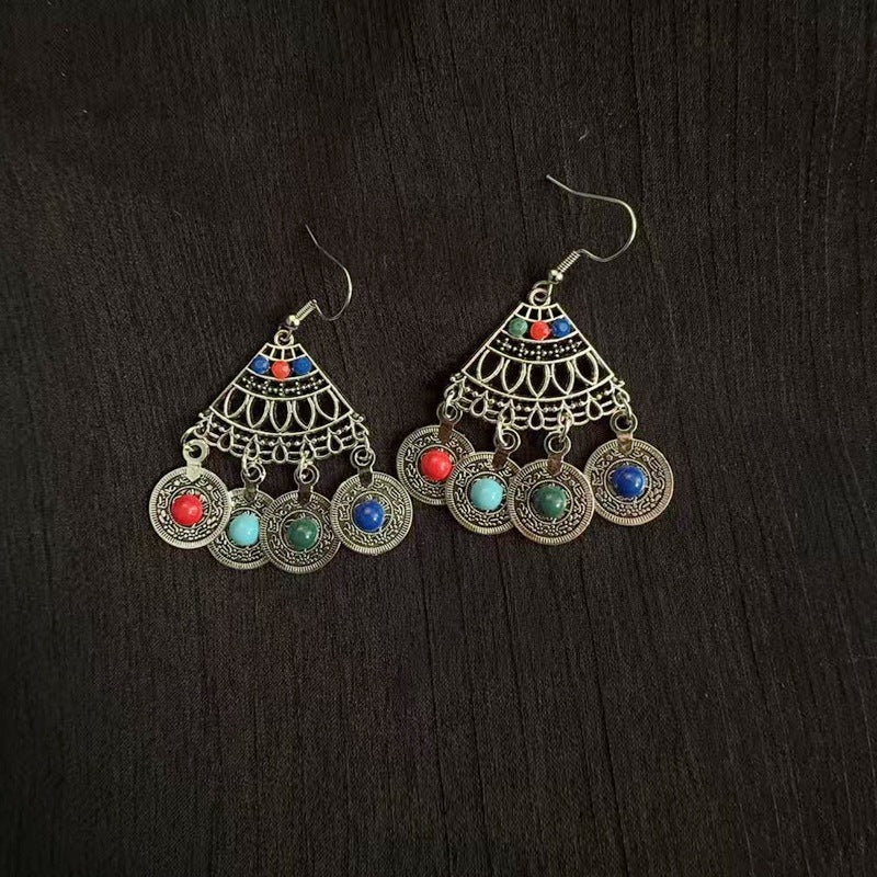 Bohemian Turquoise Earrings European and American Retro Owl Geometric Dreamcatcher Feather Tassel Earrings Women
