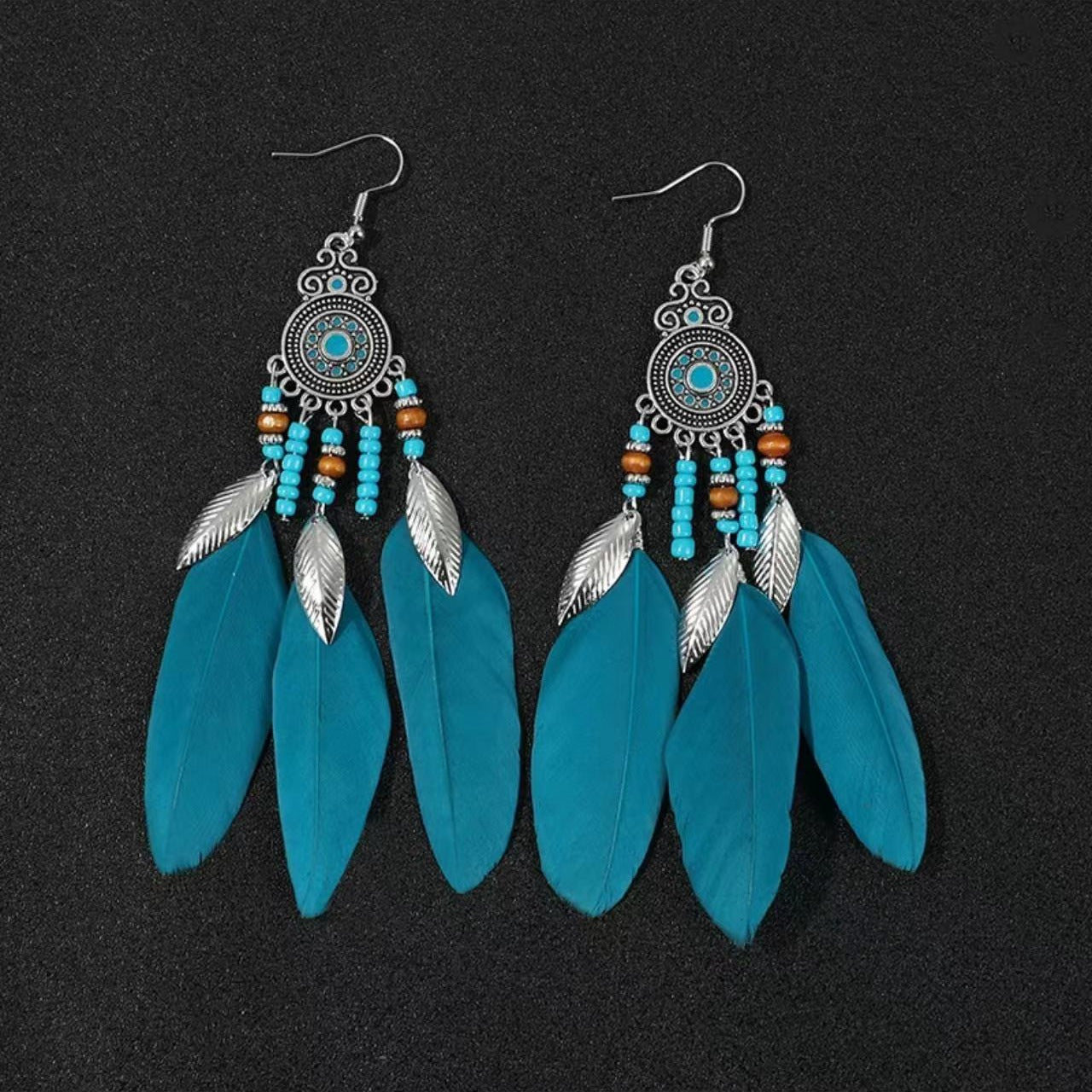 Bohemian Turquoise Earrings European and American Retro Owl Geometric Dreamcatcher Feather Tassel Earrings Women