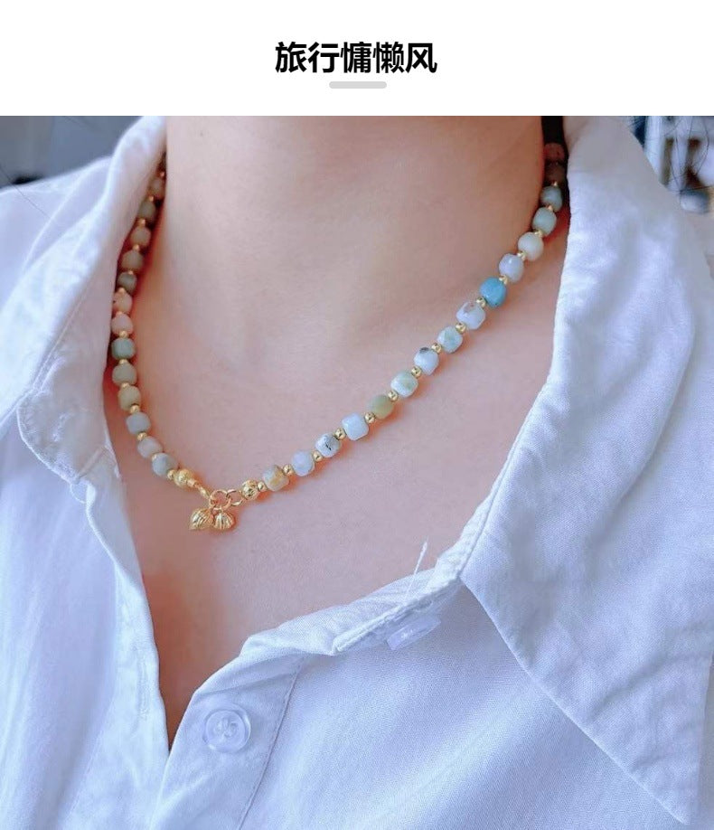 European and American Color Natural Stone Necklace Handmade Beaded Light Luxury Niche Qingdao Foreign Trade Advanced Accessories Clavicle Chain