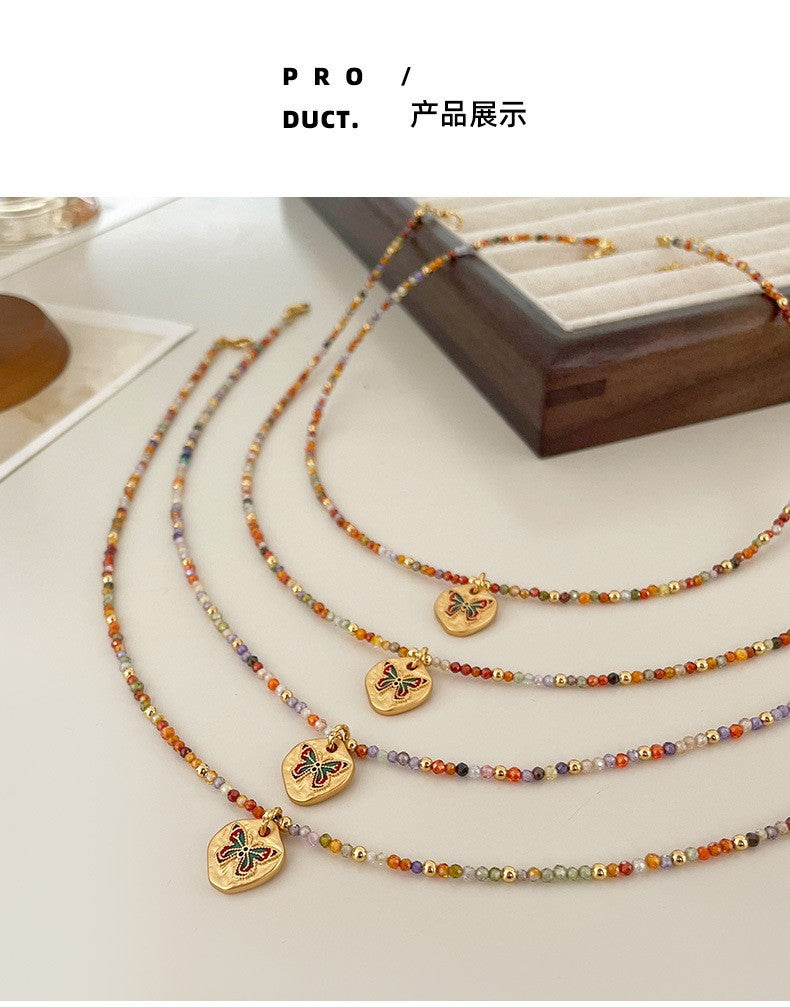 Fashionable and Simple Colorful Dopamine Oil Drop Butterfly Zircon Beaded Necklace Light Luxury High-End Summer Clavicle Chain for Women