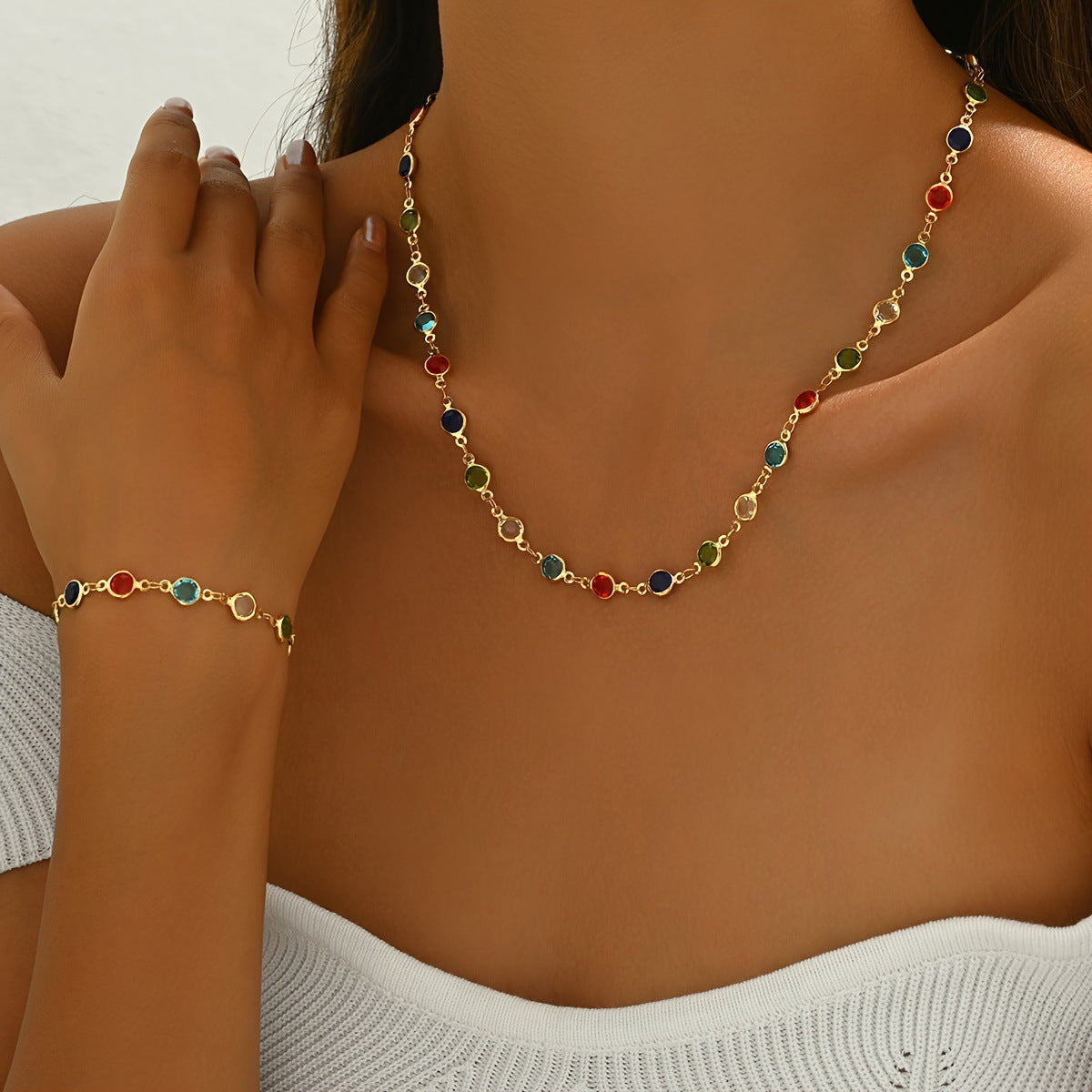 Cross-border Hot-selling Fashion Color Rhinestone Necklace Bracelet Two-piece Light Luxury Niche High-grade Color Zircon Clavicle Chain