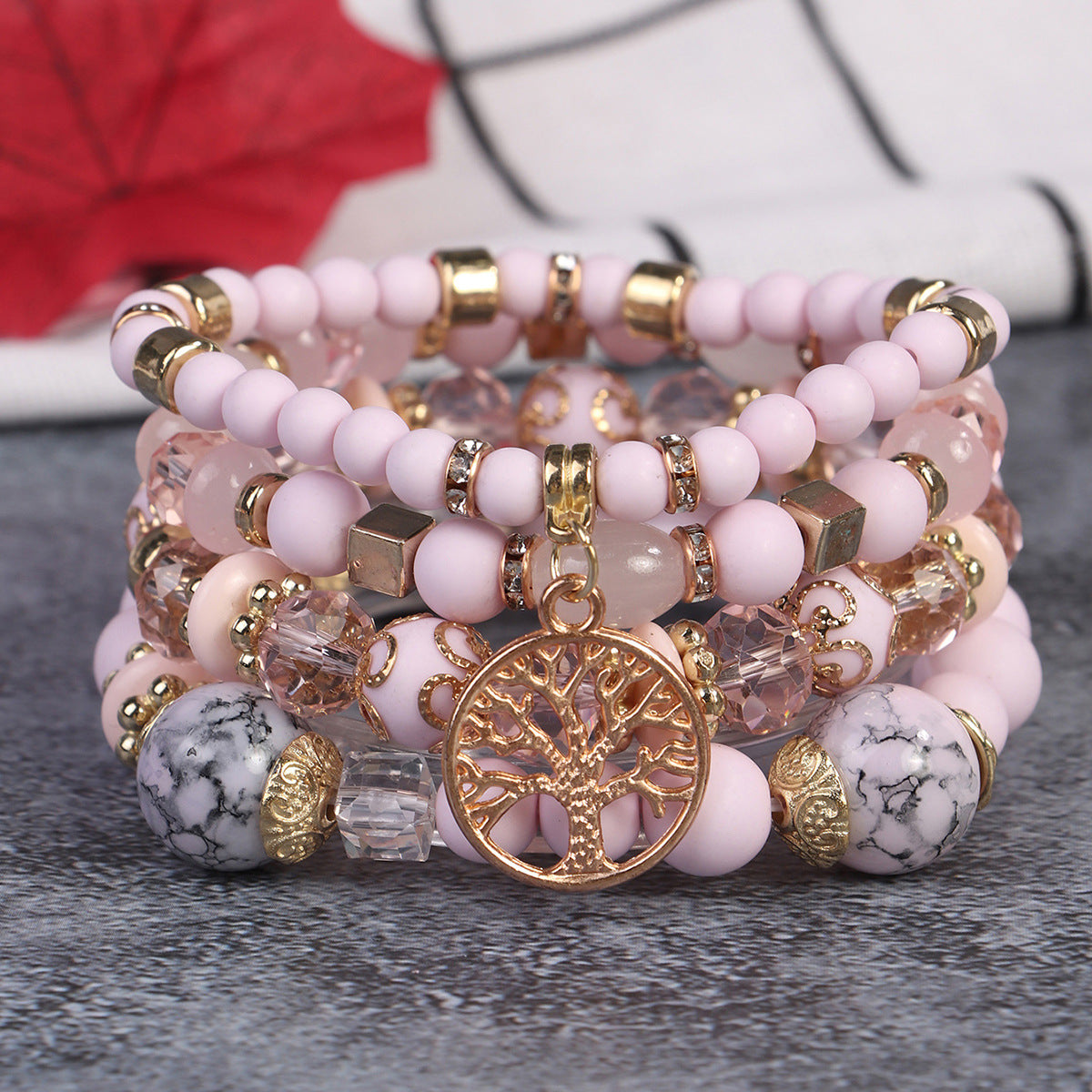 Cross-Border Popular 4-Piece Set of Bohemian Retro Style Multi-Layer Beaded Bracelets with Tree of Life Pendant Wholesale