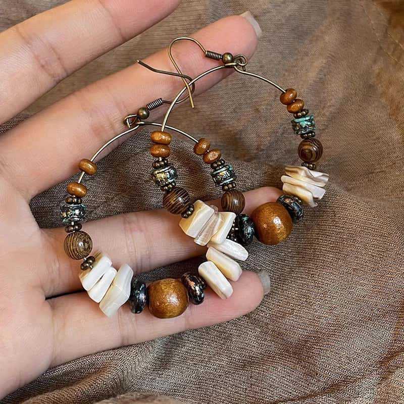 Cross-Border Ethnic Style Retro Irregular Wooden Beads Handmade Beaded Hoop Earrings Holiday Style Earrings with Versatile Temperament