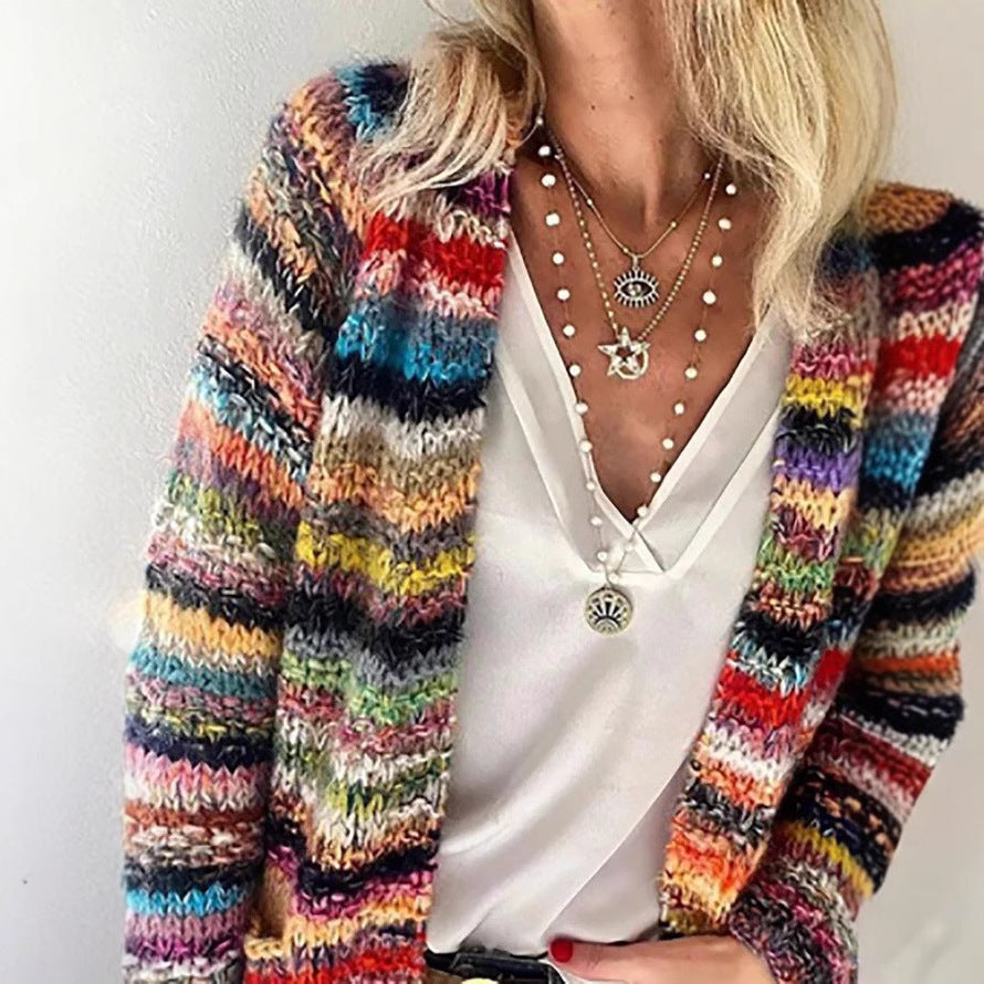 2024 autumn and winter Europe and the United States cross-border Amazon foreign trade loose-fitting comfortable leisure color women printed knitted cardigan women