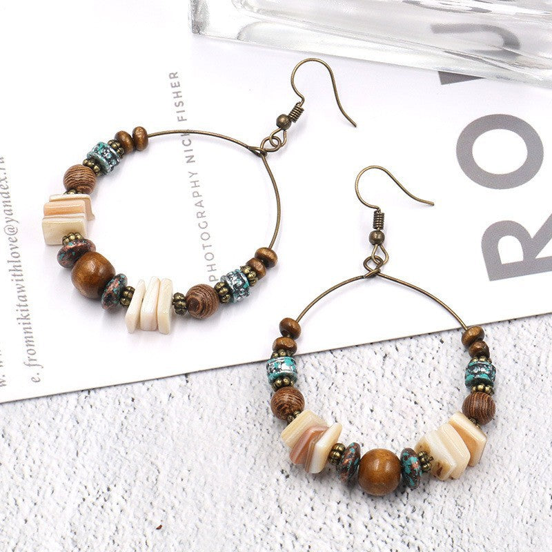 Cross-border Accessories European and American Fashion Bohemian Handmade Beaded Earrings Shell Wooden Beads Big Ear Ring Earrings