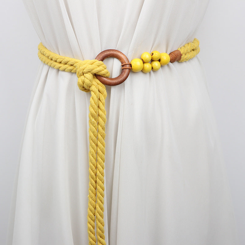 Ethnic Style Retro Belt Accessories High-End Yellow Women's Decoration with Skirt Knotted Braided Hemp Rope Waist Rope Tie