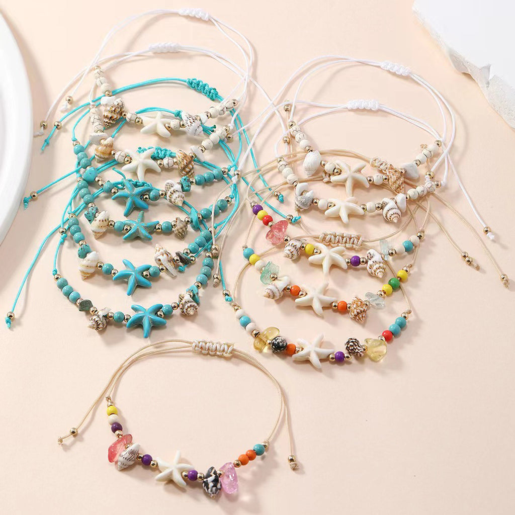 Amazon Hot Sale Irregular Gravel Starfish Conch Woven Bracelet Summer Beach Ocean Wind Adjustable Bracelet