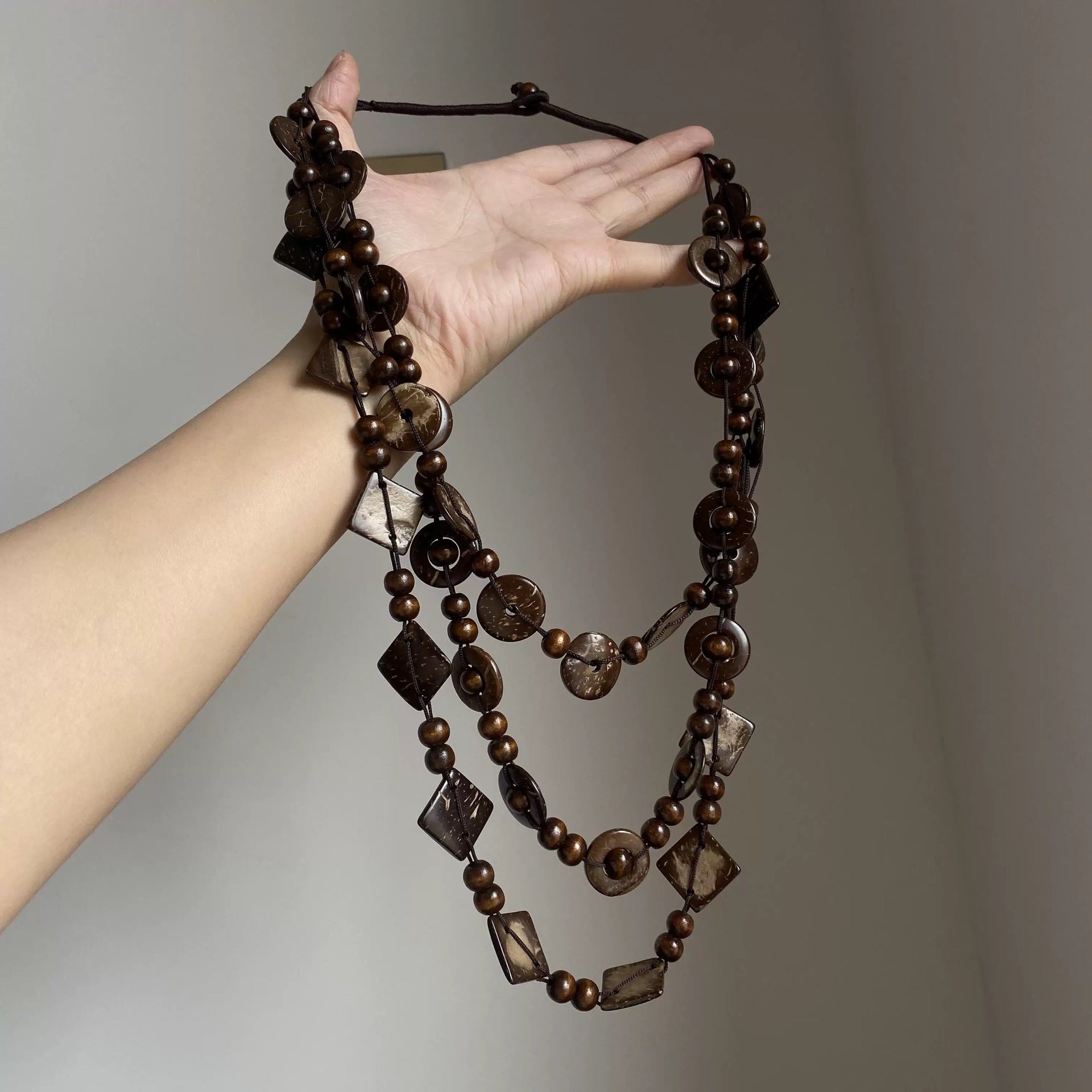 New Chinese Style Retro Multi-Layered Brown Coconut Shell Necklace Bohemian Ethnic Style Sweater Chain Niche Design Necklace